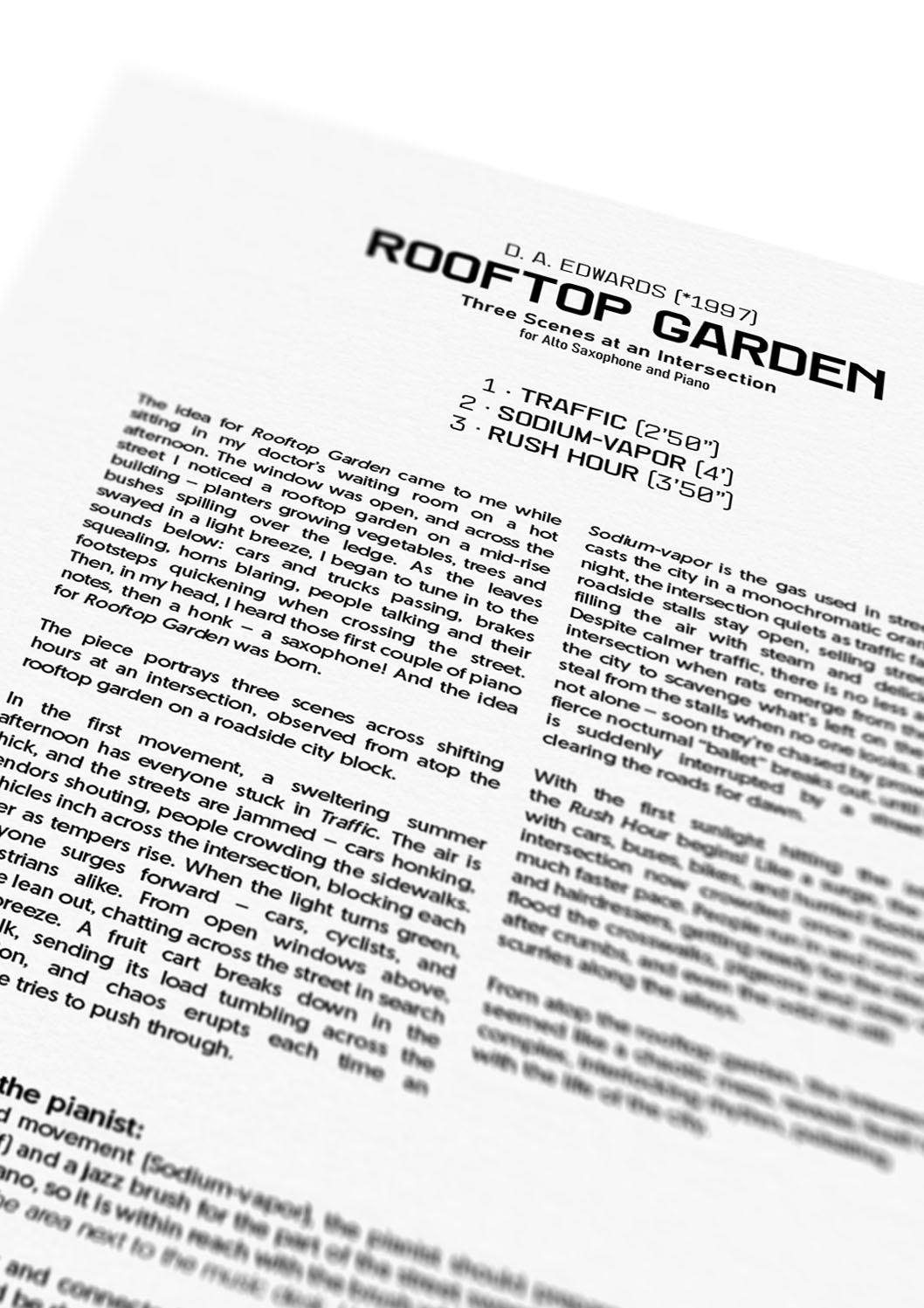 Both the piano score and saxophone part include detailed program notes and information about the piece